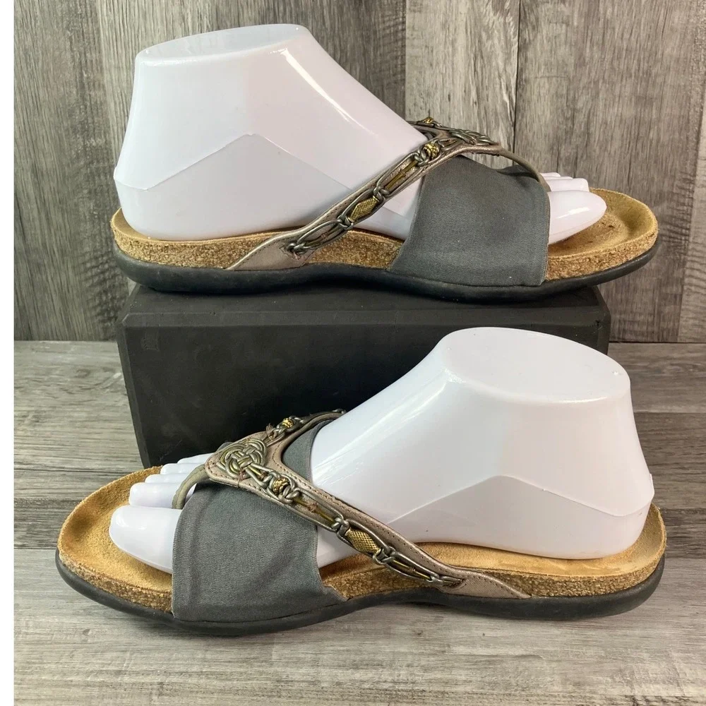 Naot Women Grey Metallic Leather Thong Sandals Celtic Knot Cork Footbed EU 39 L8